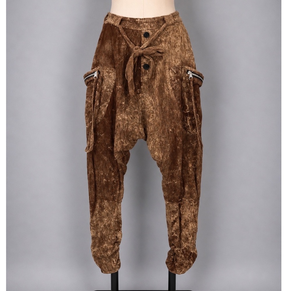 Thaluta Brown Acid Wash Cotton Harem Pants Boho Cargo Drop Crotch Trousers